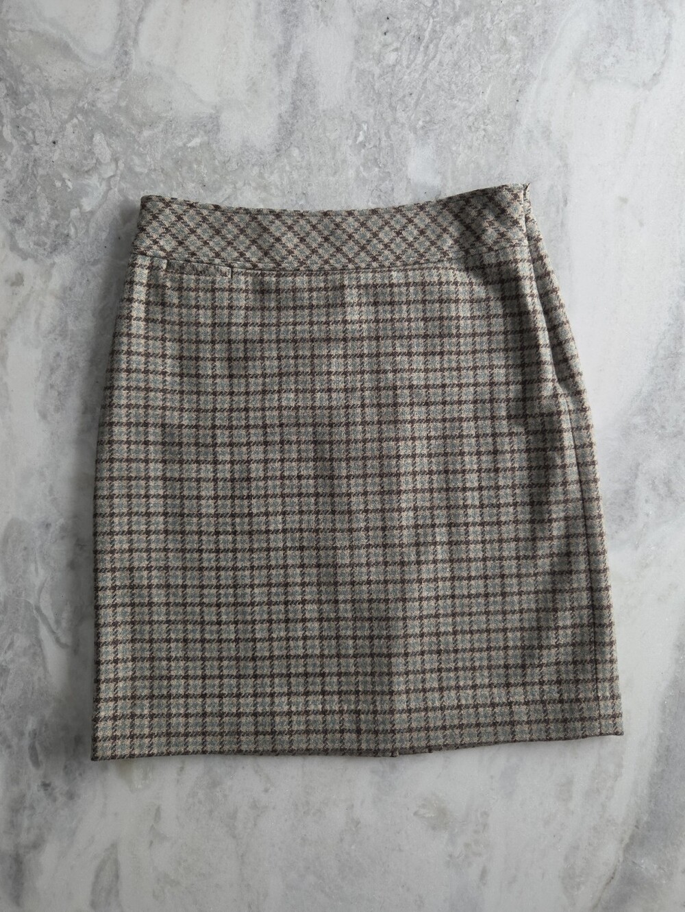L.L. Bean Brown Blue  and Cream Plaid Wool Pencil Skirt